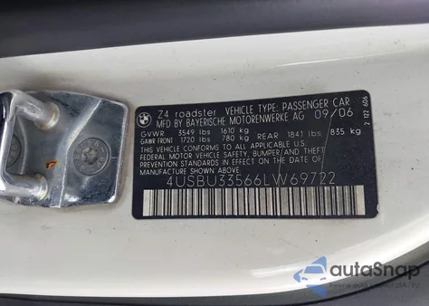 2006 BMW Z4 3.0I z USA, uszkodzony, nr VIN 4USBU33566LW69722